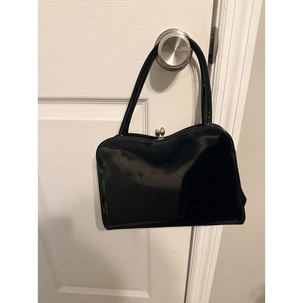 True Vintage 1960s Purse Black Handbag Gold Tone Kiss Lock Dressy Makers Mark